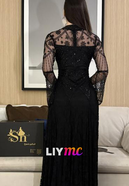 High Neck Beaded Long Sleeves Mermaid Evening Dress