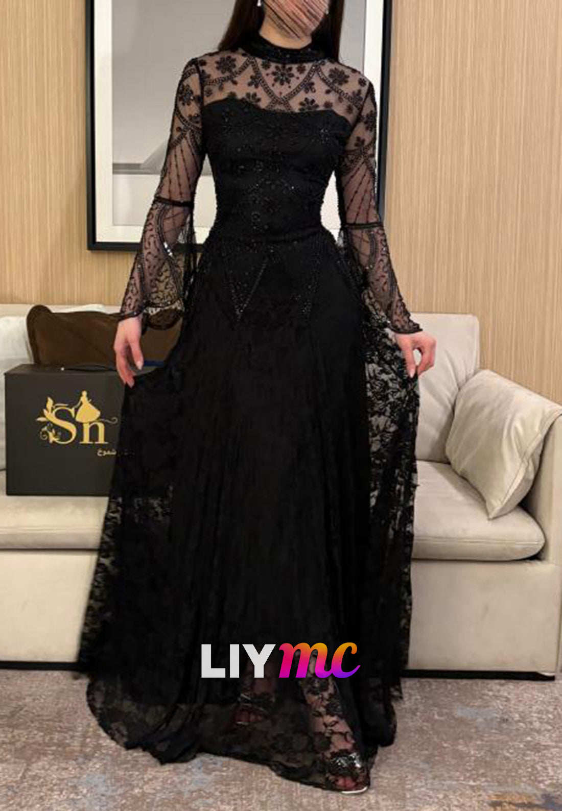 High Neck Beaded Long Sleeves Mermaid Evening Dress