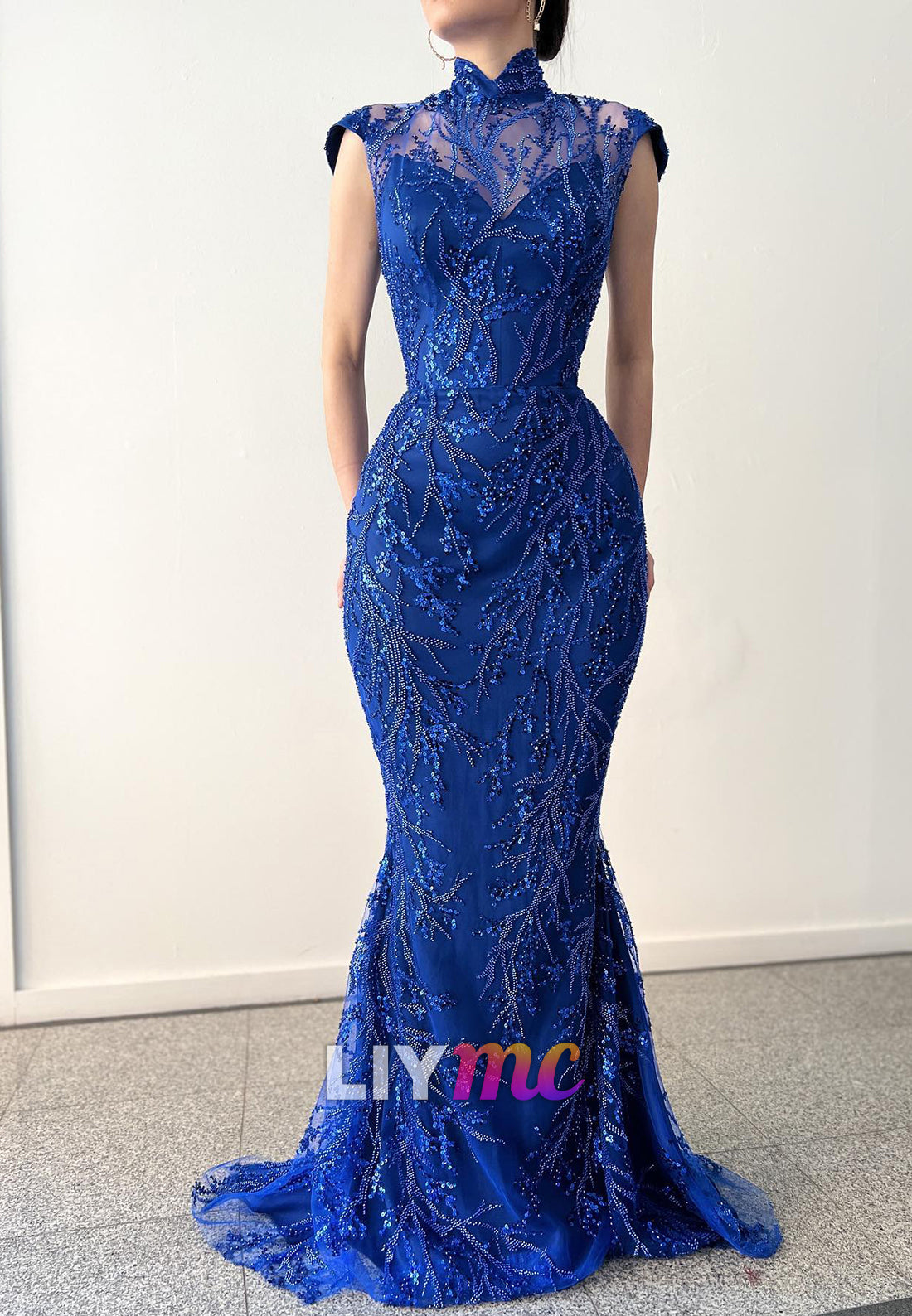 High Neck Cap Sleeves Beaded Embroidery Mermaid Evening Dress