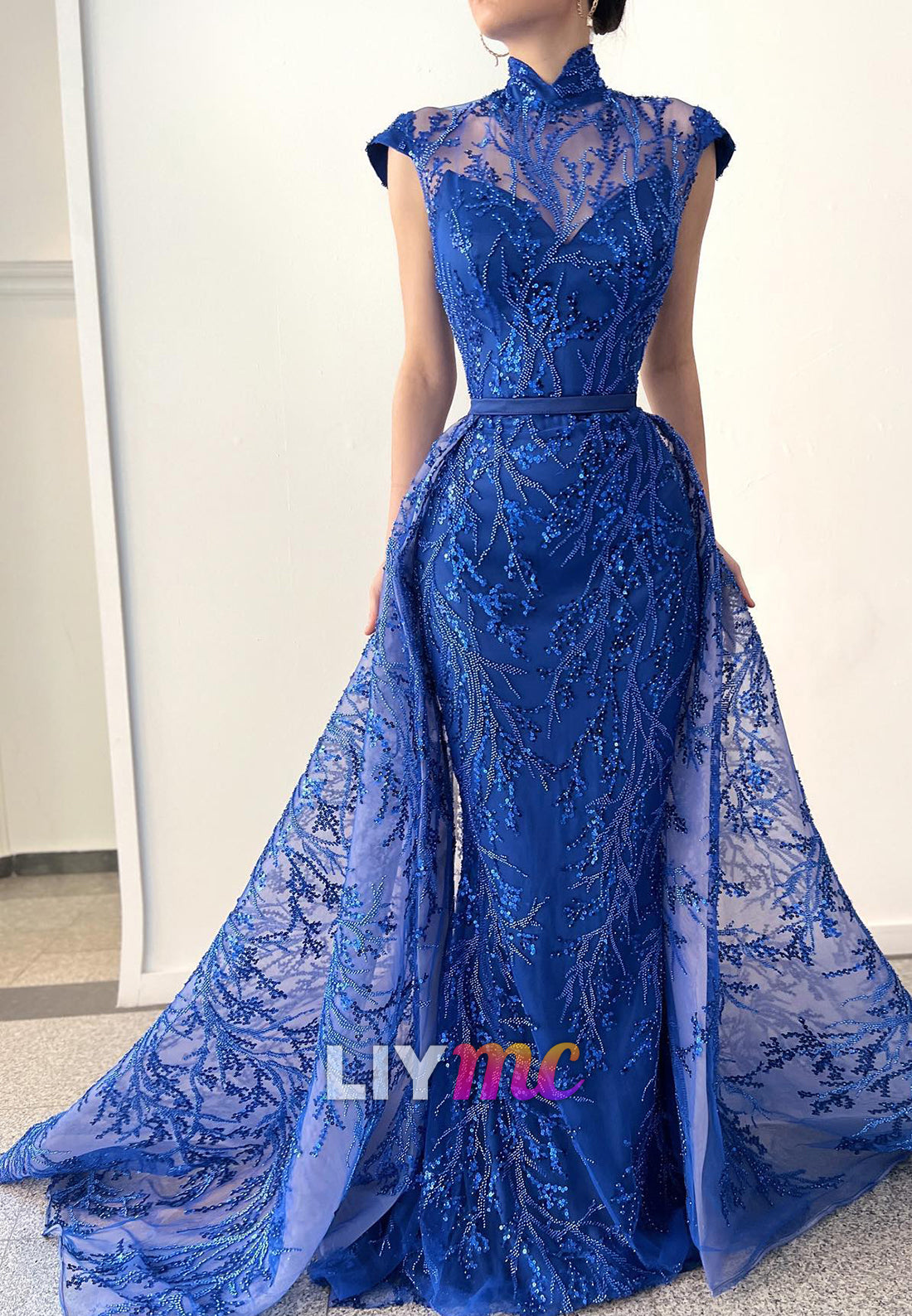 High Neck Cap Sleeves Beaded Embroidery Mermaid Evening Dress