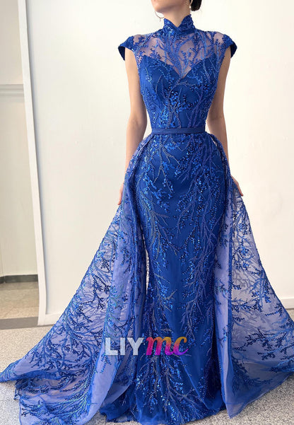 High Neck Cap Sleeves Beaded Embroidery Mermaid Evening Dress