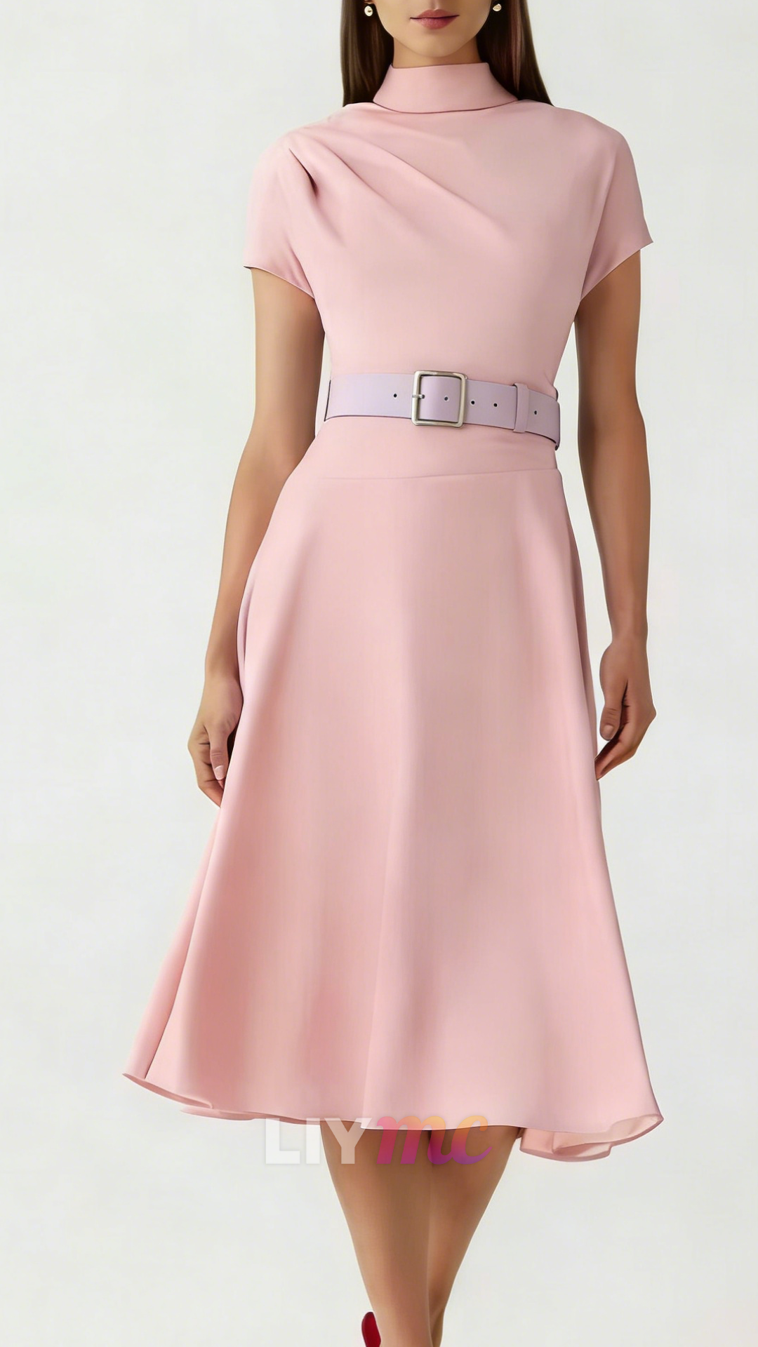 High Neck Cap Sleeves Belt A-Line Wedding Guest Dress