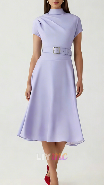 High Neck Cap Sleeves Belt A-Line Wedding Guest Dress