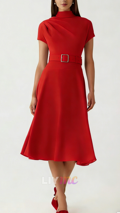 High Neck Cap Sleeves Belt A-Line Wedding Guest Dress