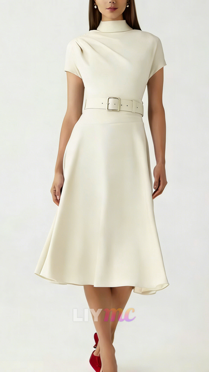 High Neck Cap Sleeves Belt A-Line Wedding Guest Dress