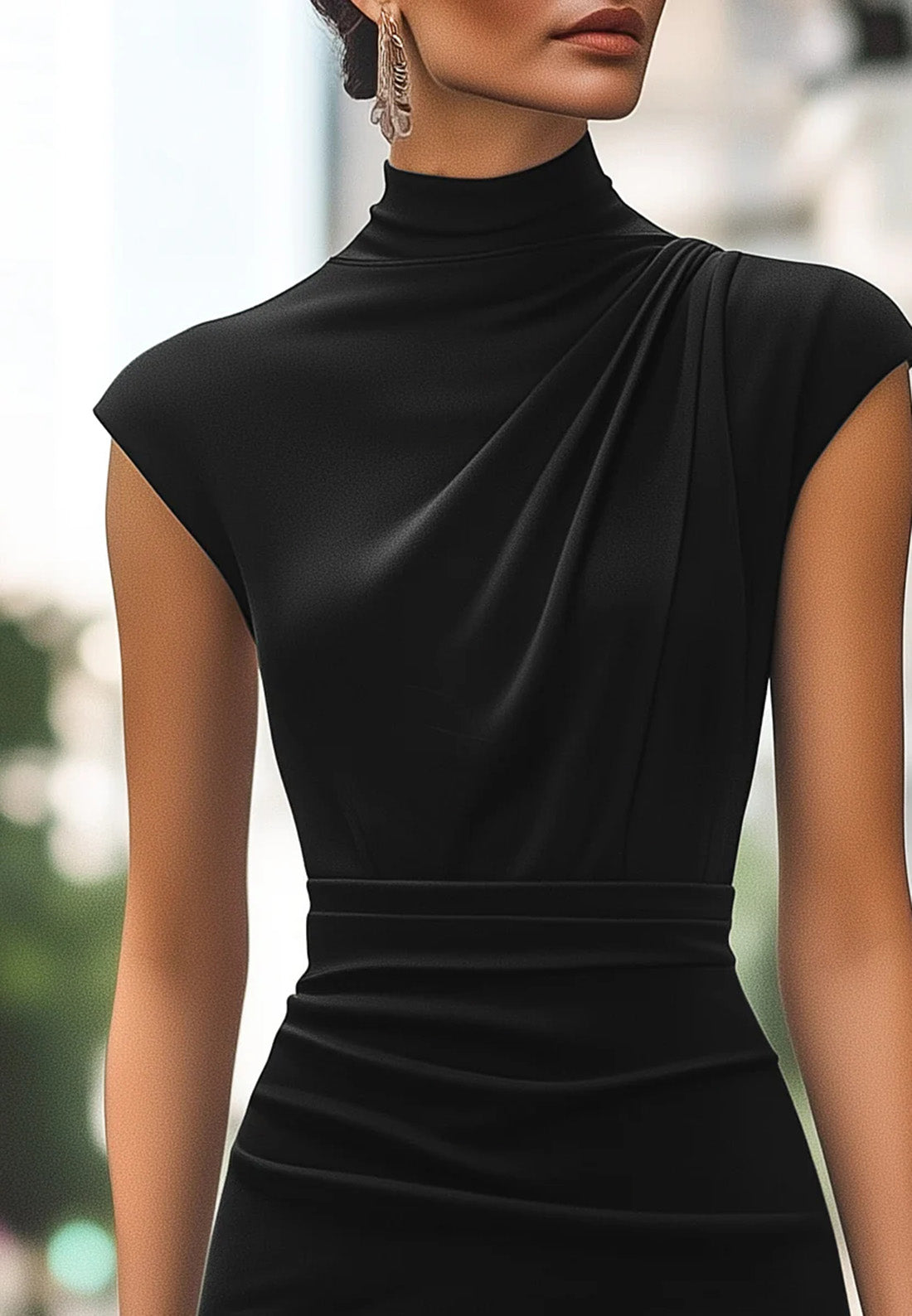 High Neck Cap Sleeves Pleated Sheath Midi Work Dress