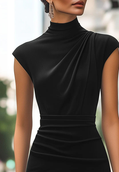 High Neck Cap Sleeves Pleated Sheath Midi Work Dress