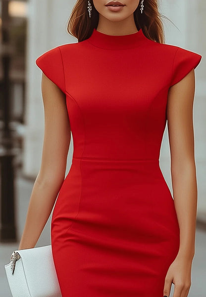 High Neck Cap Sleeves Sleek Midi Work Dress