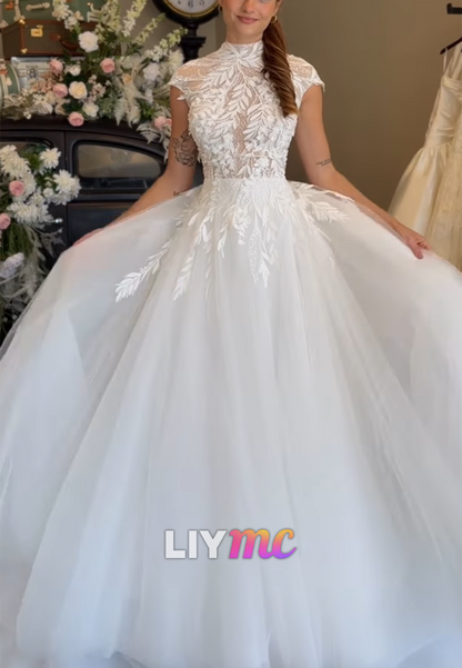 High Neck Cap Sleeves Tulle Appliques A-Line Wedding Dress