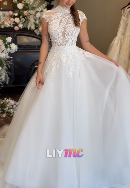 High Neck Cap Sleeves Tulle Appliques A-Line Wedding Dress