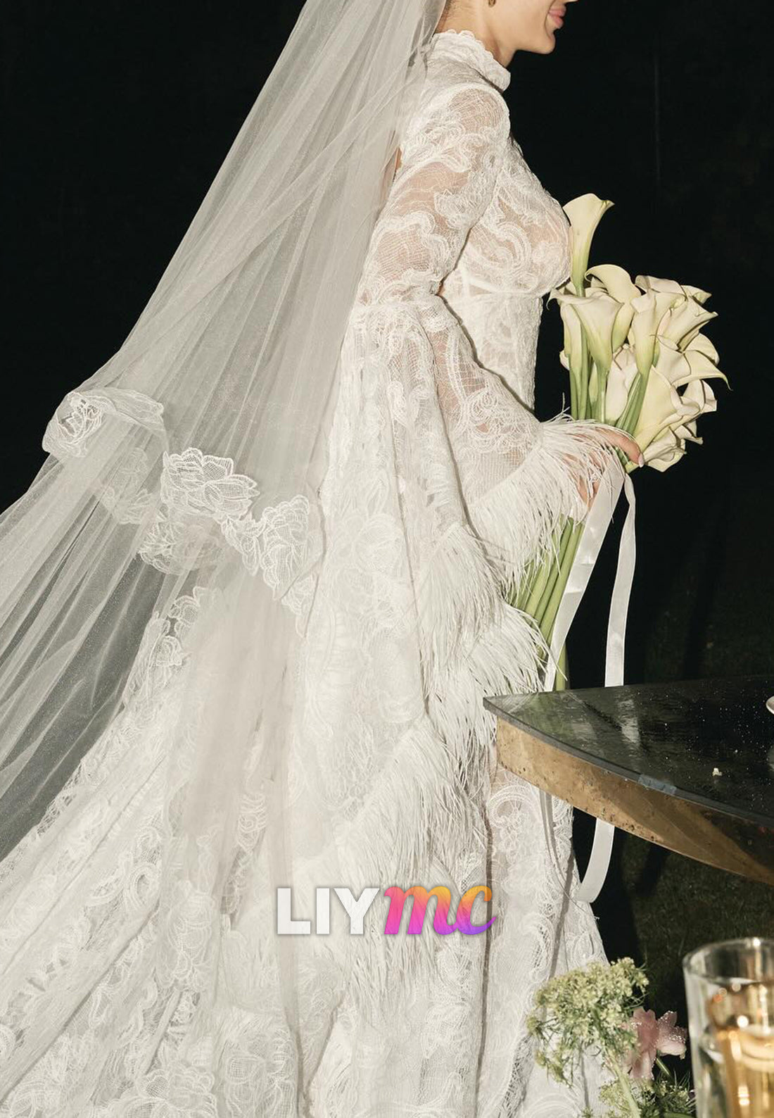 High Neck Empire Waist Appliques Long Sleeves A-Line Wedding Dress