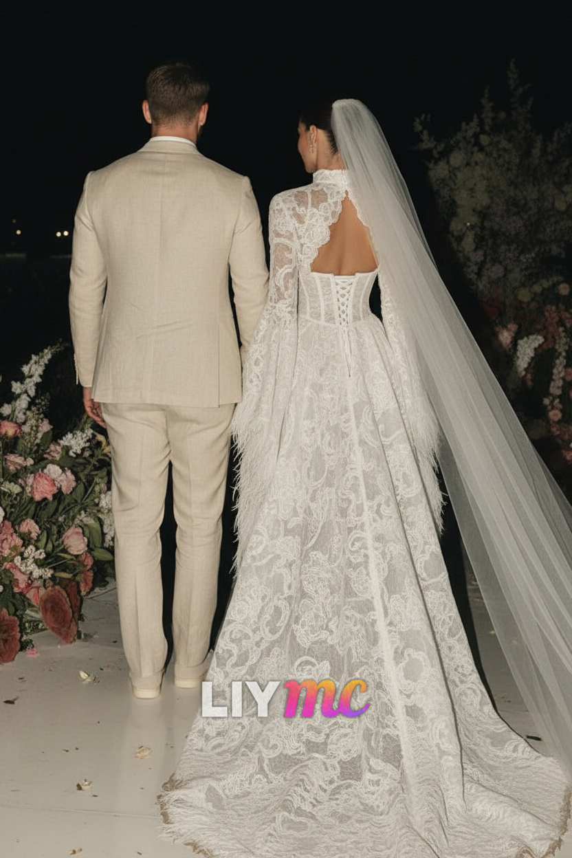 High Neck Empire Waist Appliques Long Sleeves A-Line Wedding Dress