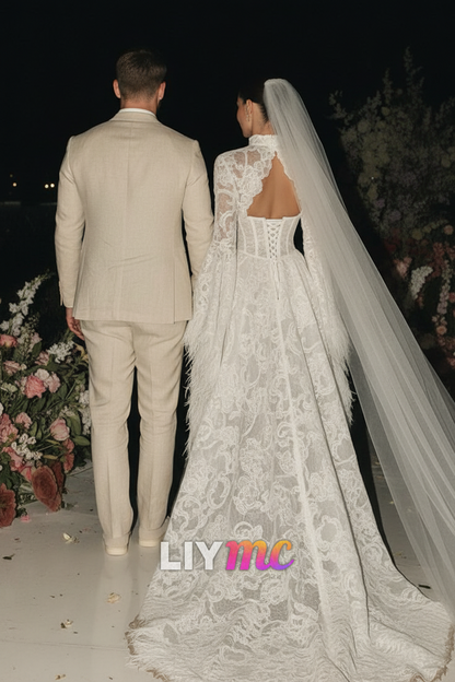 High Neck Empire Waist Appliques Long Sleeves A-Line Wedding Dress