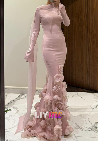High Neck Floral Embellished Long Sleeves Mermaid Evening Dress