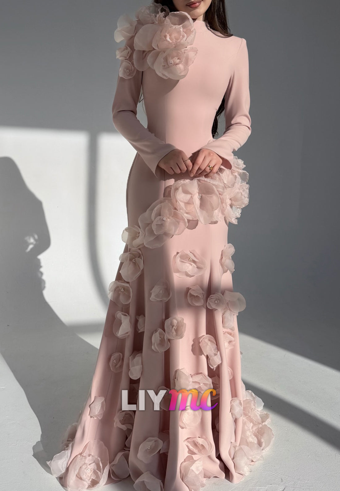 High Neck Floral Embellished Mermaid Evening Dress