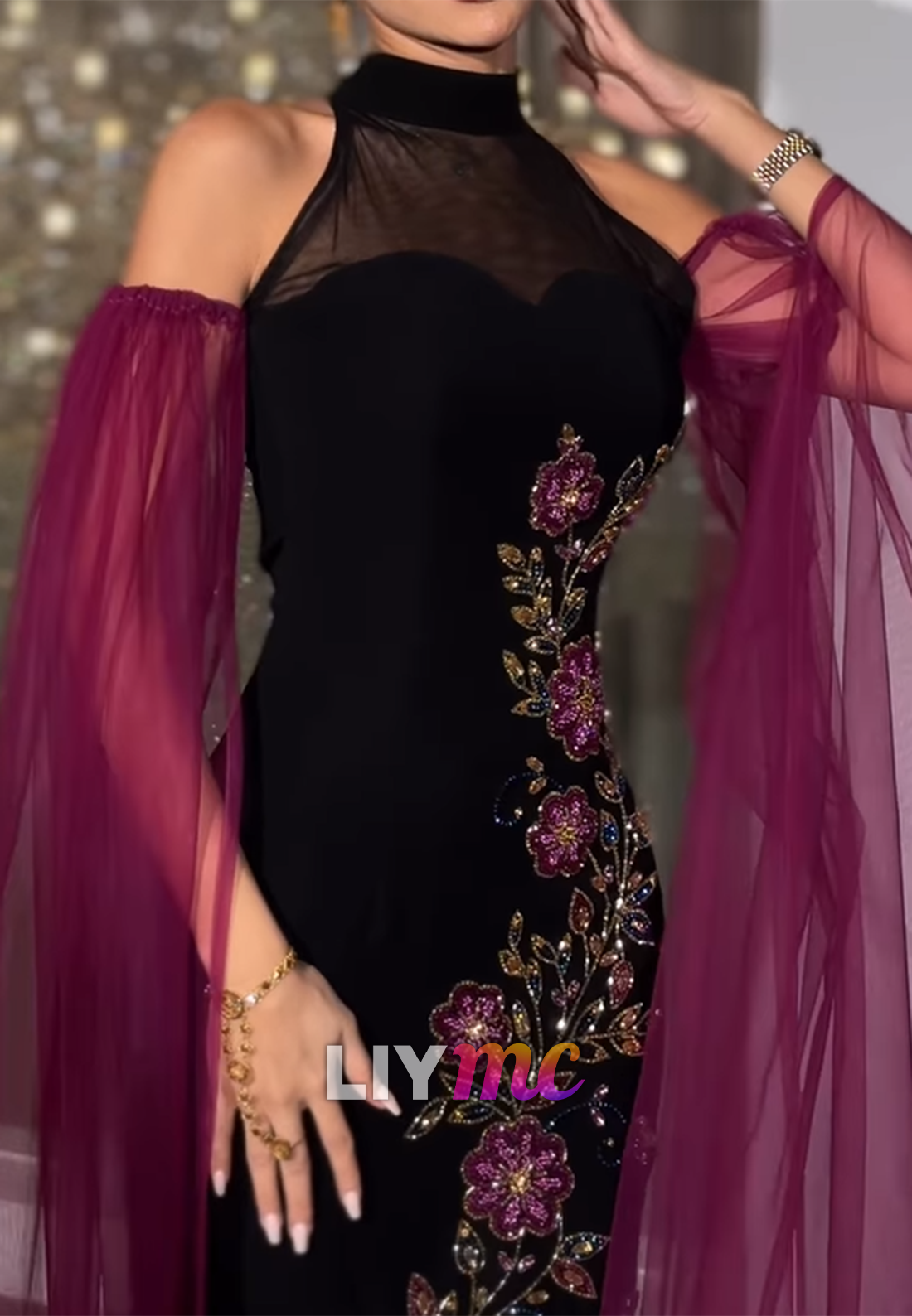 High Neck Floral Embellished Mermaid Evening Dress