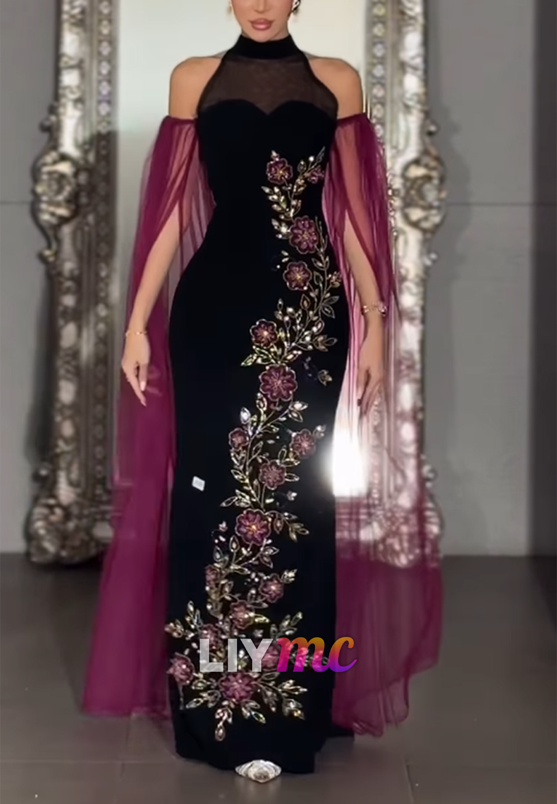 High Neck Floral Embellished Mermaid Evening Dress