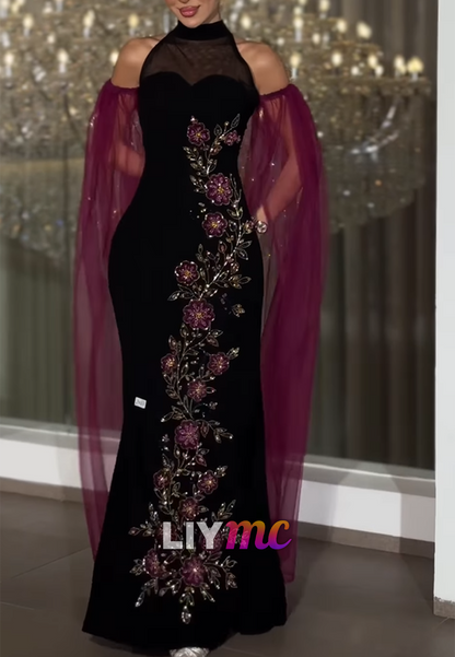 High Neck Floral Embellished Mermaid Evening Dress