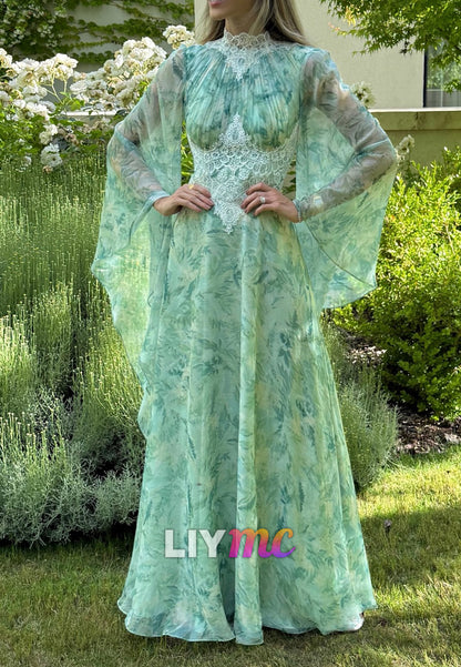 High Neck Floral Printed  Chiffon A-Line Mother of Bride Dress