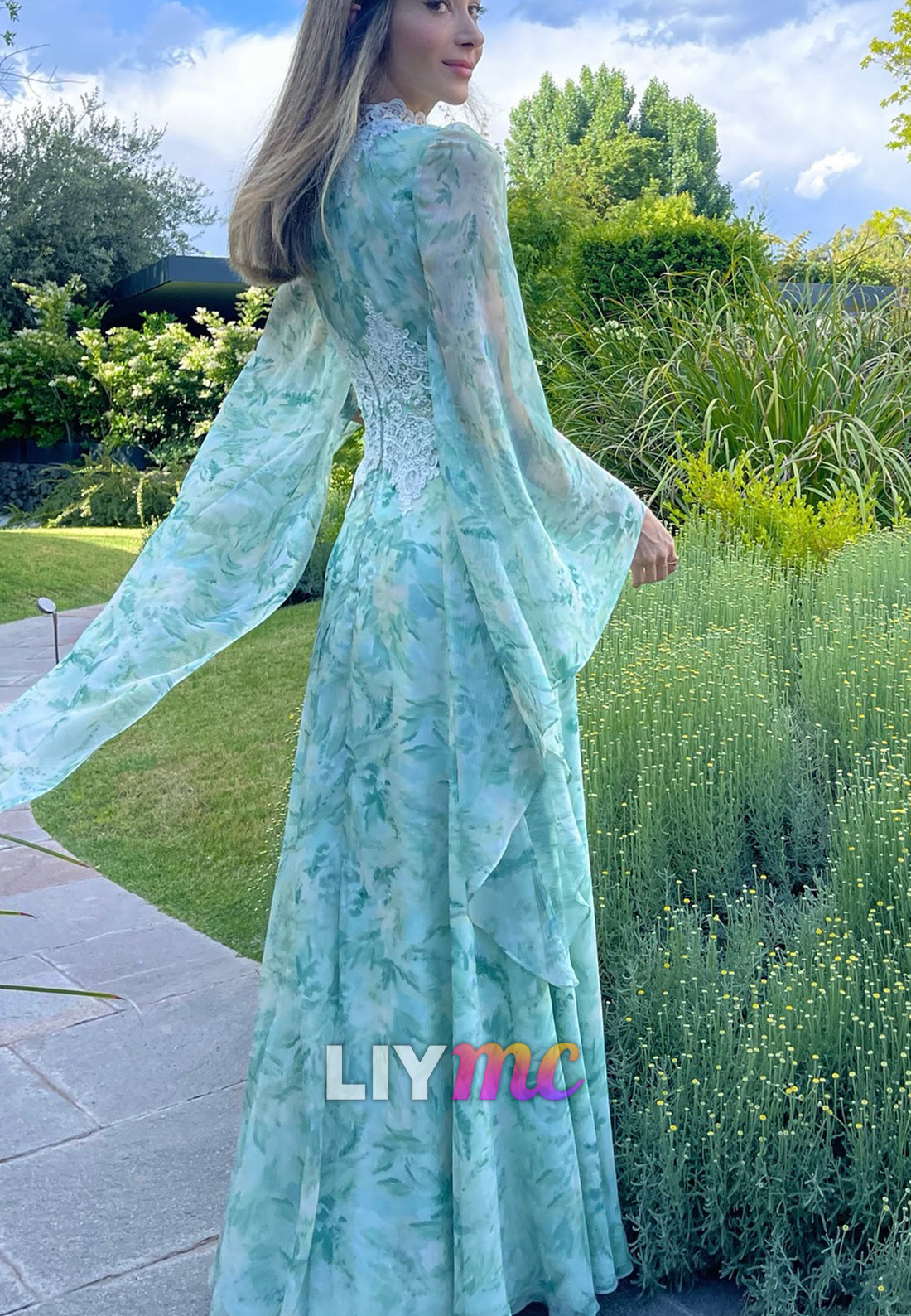 High Neck Floral Printed  Chiffon A-Line Mother of Bride Dress