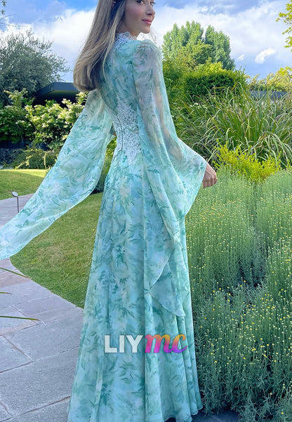 High Neck Floral Printed  Chiffon A-Line Mother of Bride Dress