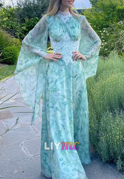 High Neck Floral Printed  Chiffon A-Line Mother of Bride Dress