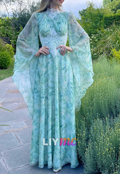 High Neck Floral Printed  Chiffon A-Line Mother of Bride Dress