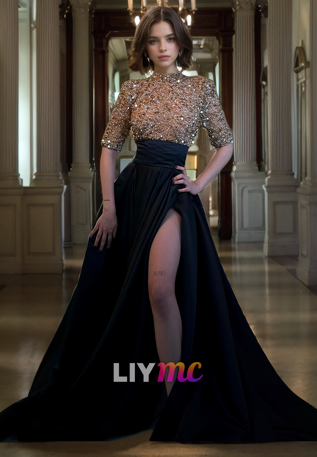 High Neck Half Sleeves Sequins High Slit A-Line Prom Dress