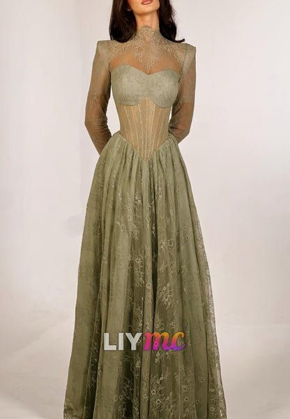 High Neck Lace Appliques A-Line Prom Dress