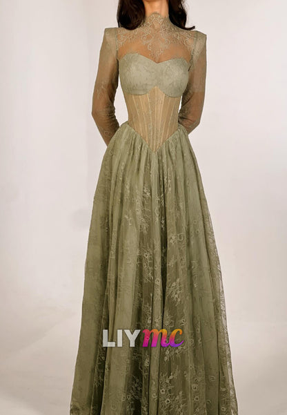 High Neck Lace Appliques A-Line Prom Dress