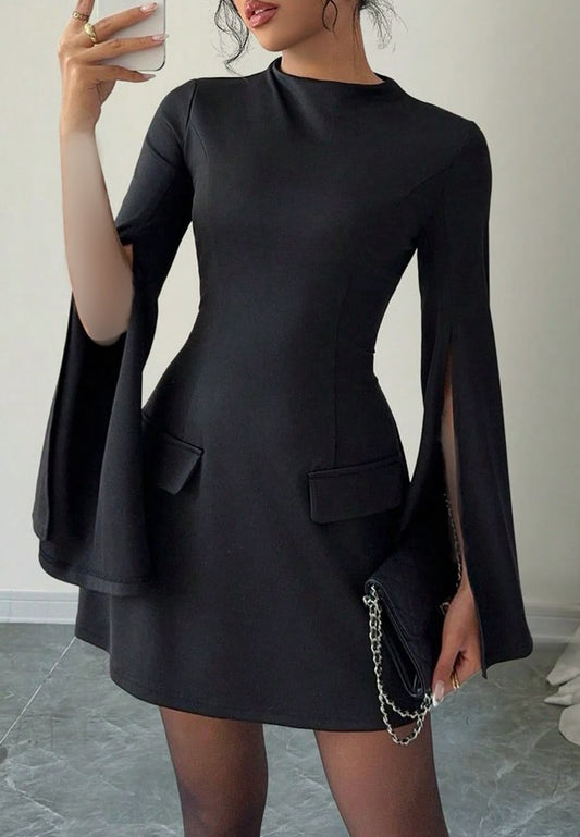 High Neck Long Sleeves A-Line Work Dress