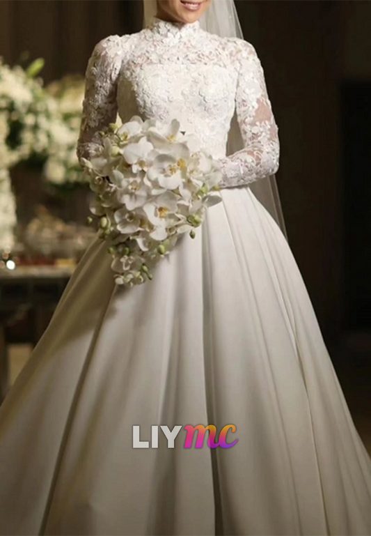High Neck Long Sleeves Appliques A-Line Wedding Dress