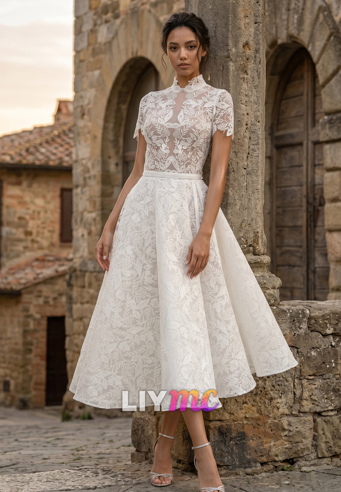 High Neck Long Sleeves Appliques A-Line Wedding Dress