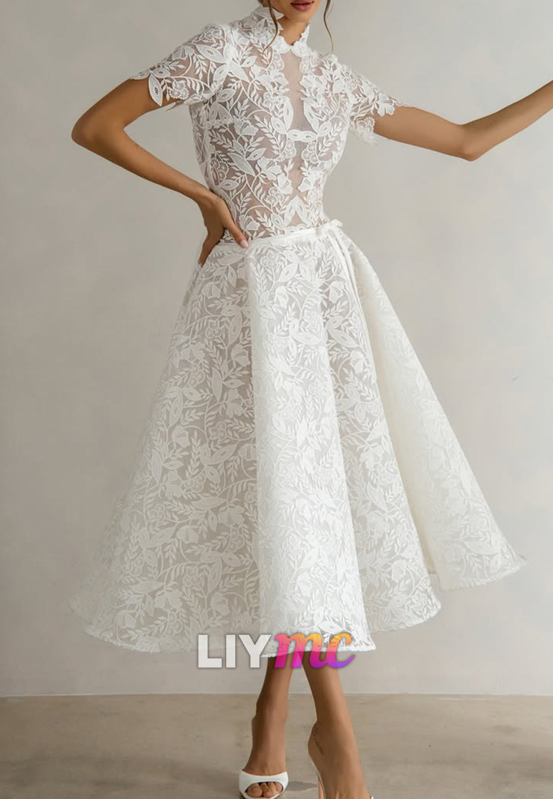 High Neck Long Sleeves Appliques A-Line Wedding Dress