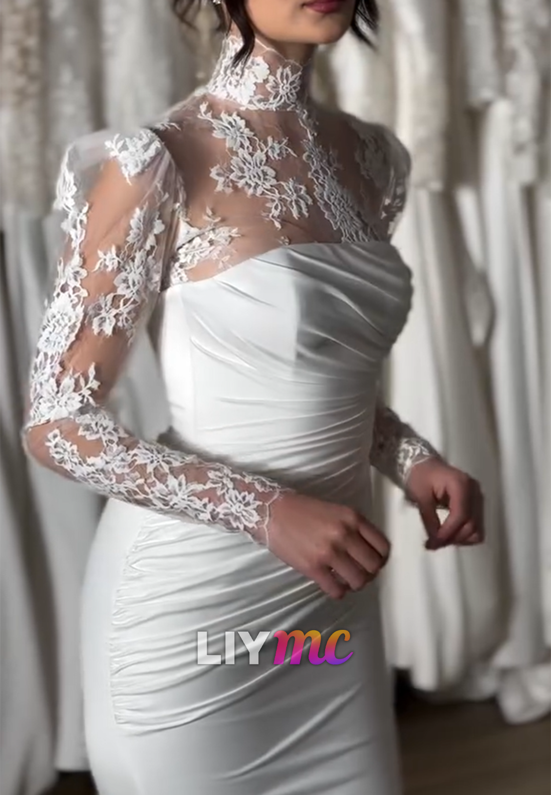 High Neck Long Sleeves Appliques Fitted Mermaid Wedding Dress