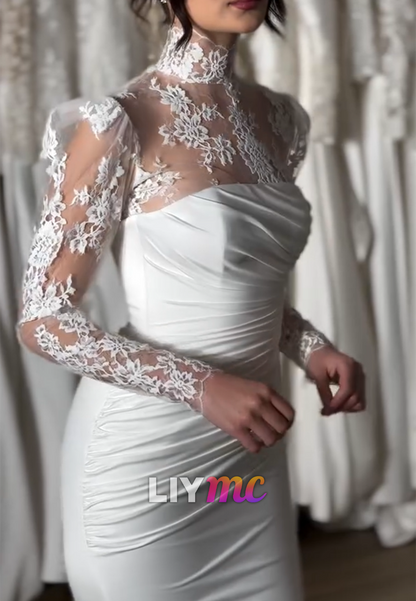 High Neck Long Sleeves Appliques Fitted Mermaid Wedding Dress