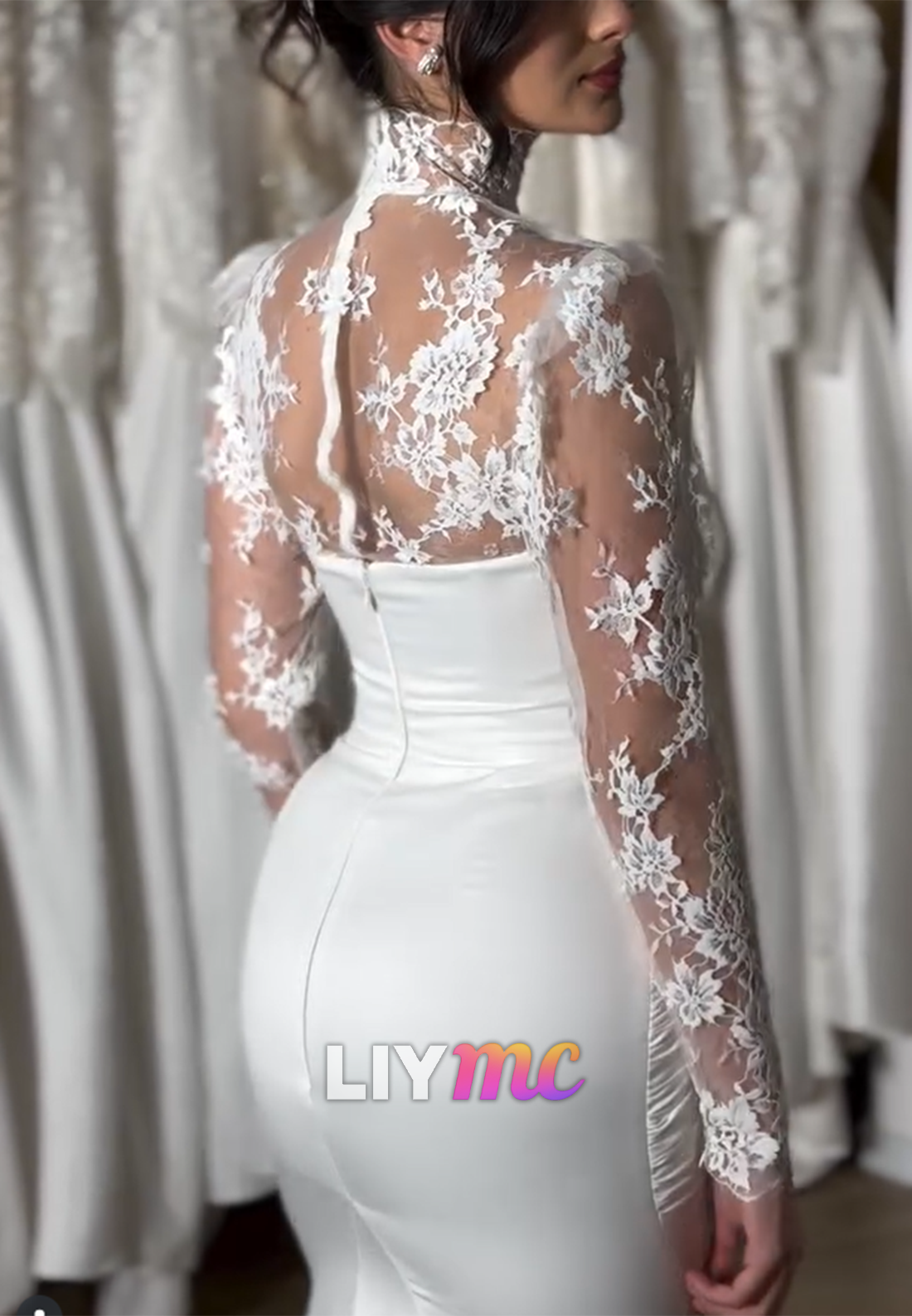 High Neck Long Sleeves Appliques Fitted Mermaid Wedding Dress