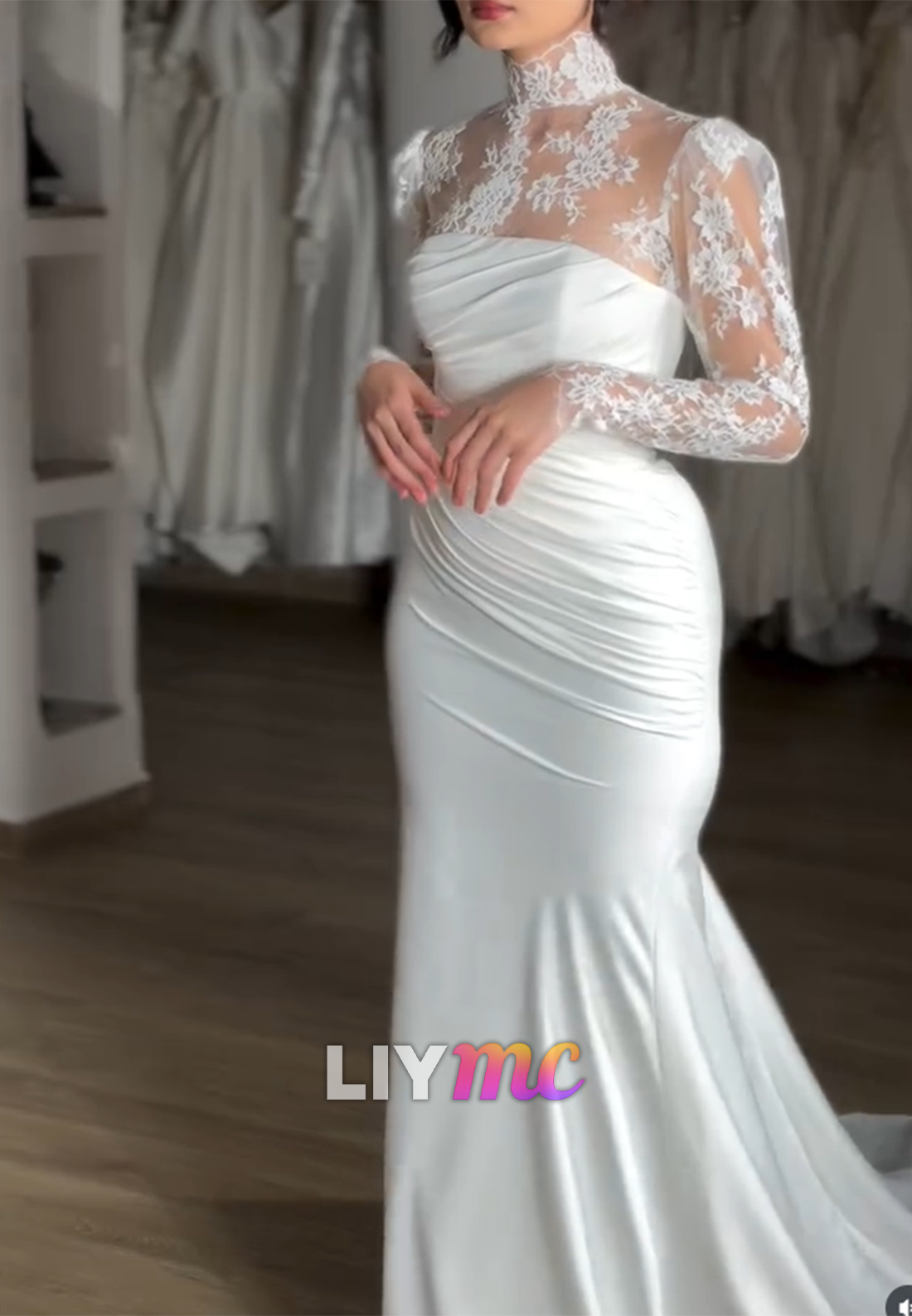High Neck Long Sleeves Appliques Fitted Mermaid Wedding Dress
