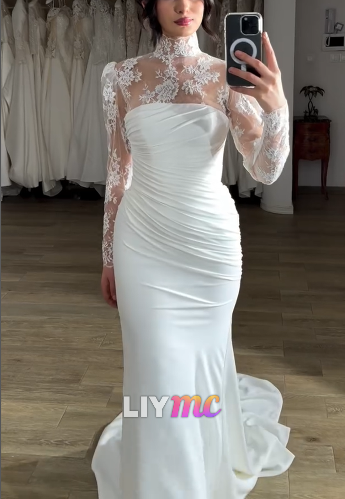 High Neck Long Sleeves Appliques Fitted Mermaid Wedding Dress