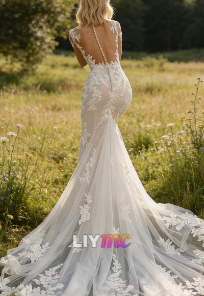 High Neck Long Sleeves Appliques Lace Wedding Dress