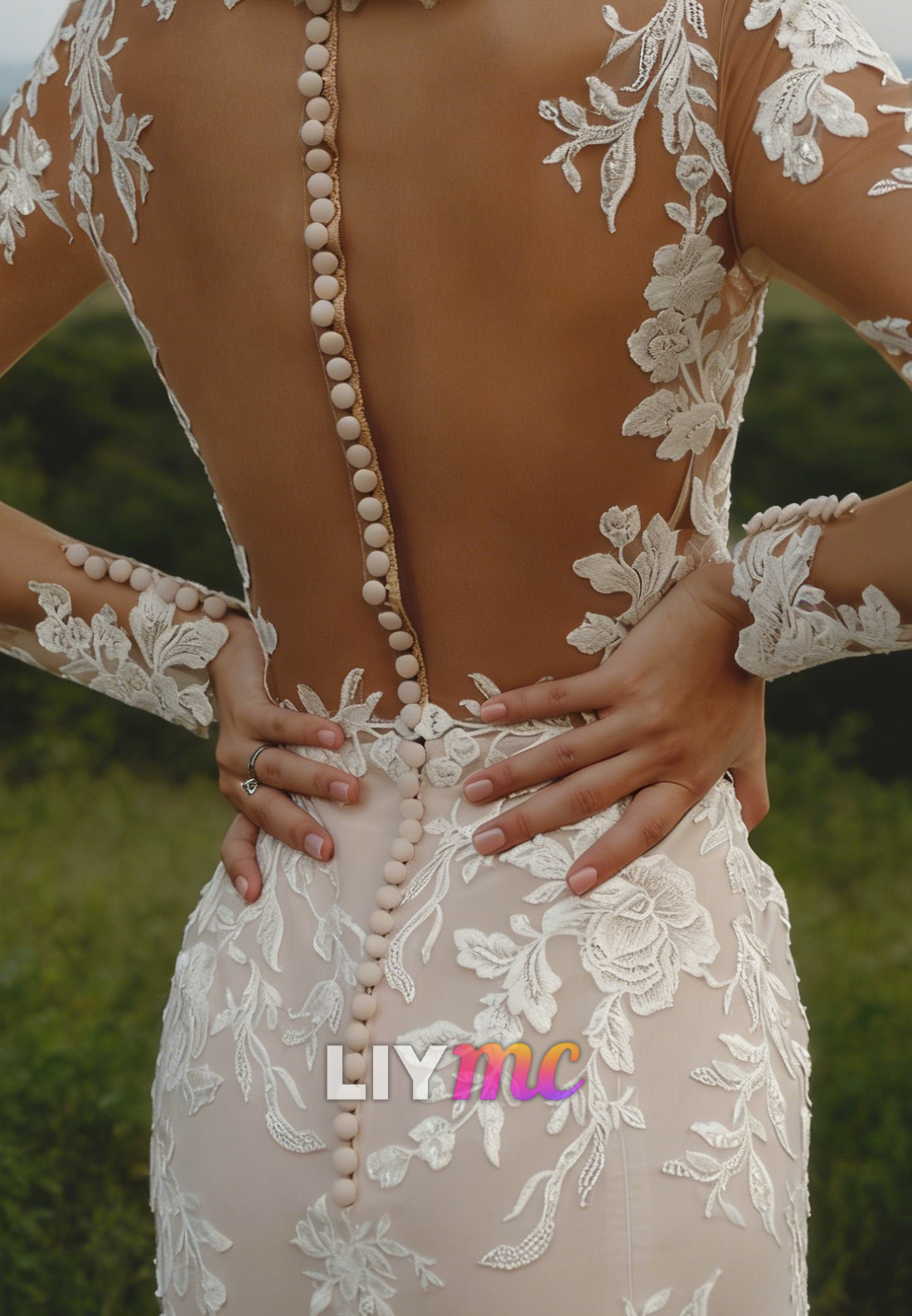 High Neck Long Sleeves Appliques Lace Wedding Dress