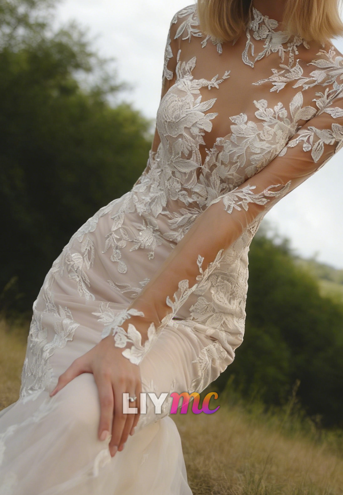 High Neck Long Sleeves Appliques Lace Wedding Dress