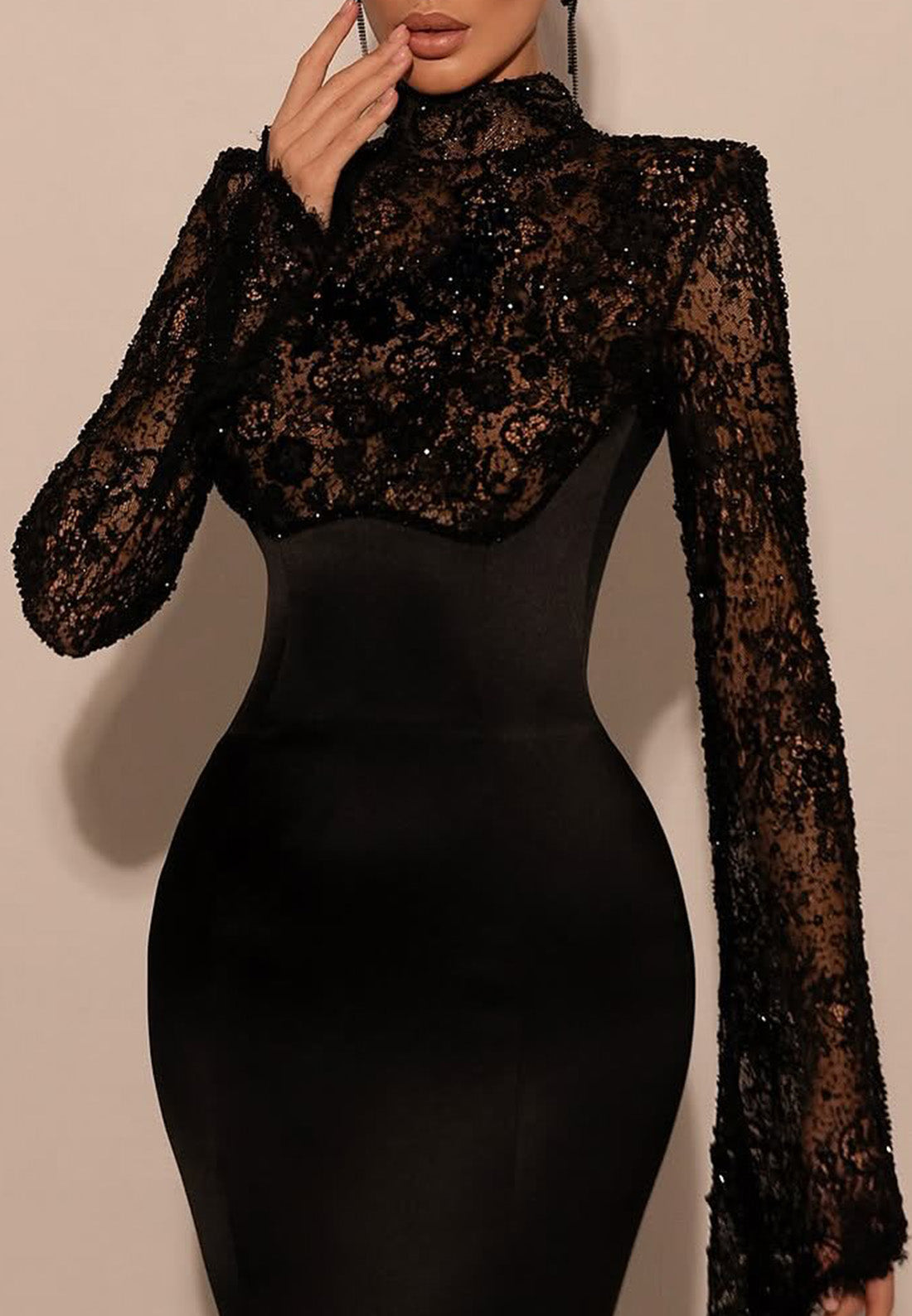 High Neck Long Sleeves Appliques Mermaid Evening Dress