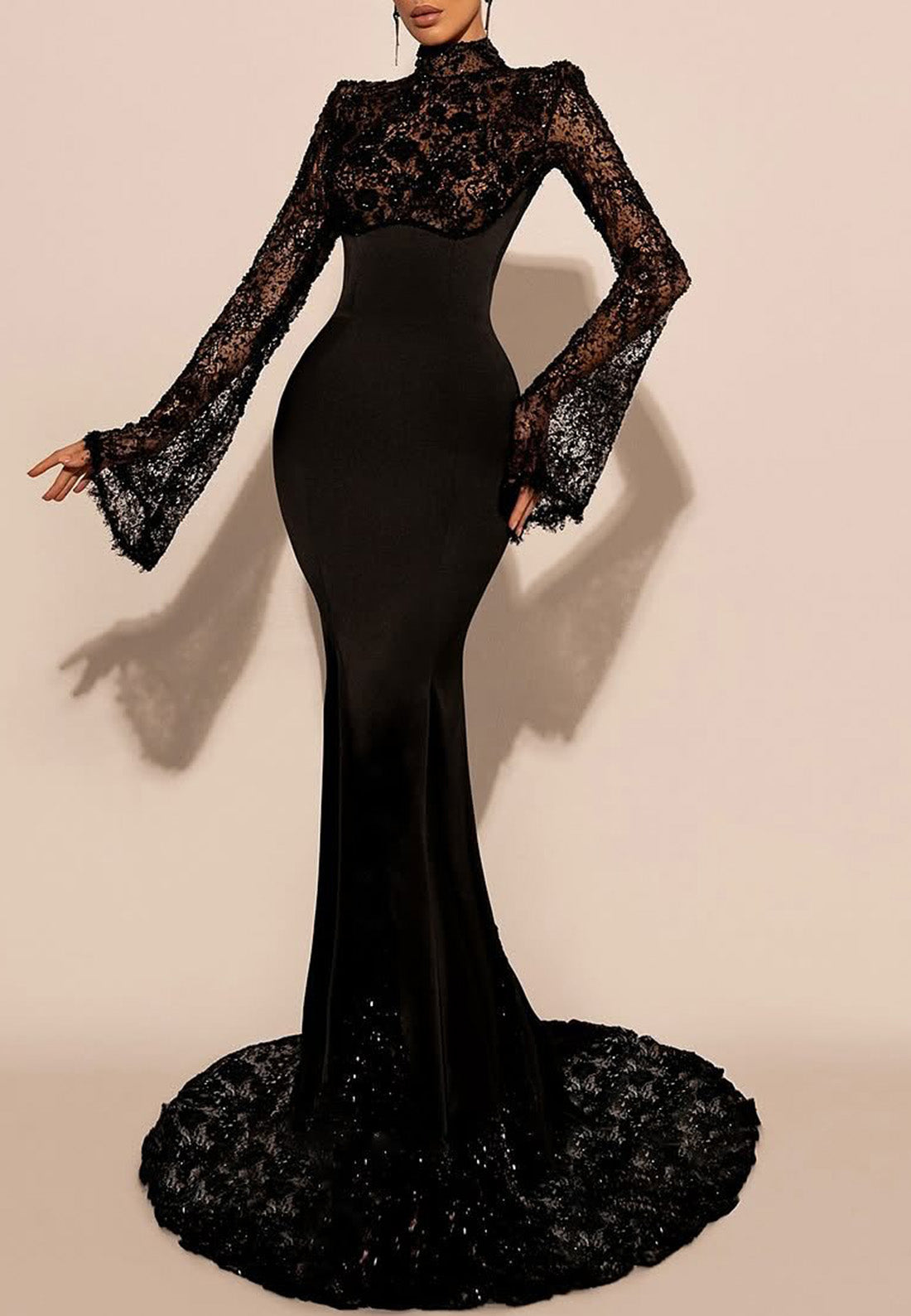 High Neck Long Sleeves Appliques Mermaid Evening Dress
