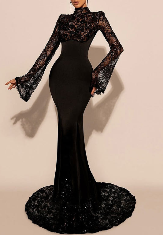 High Neck Long Sleeves Appliques Mermaid Evening Dress