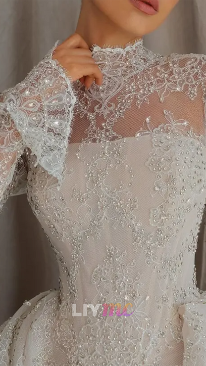 High Neck Long Sleeves Appliques Mermaid Wedding Dress