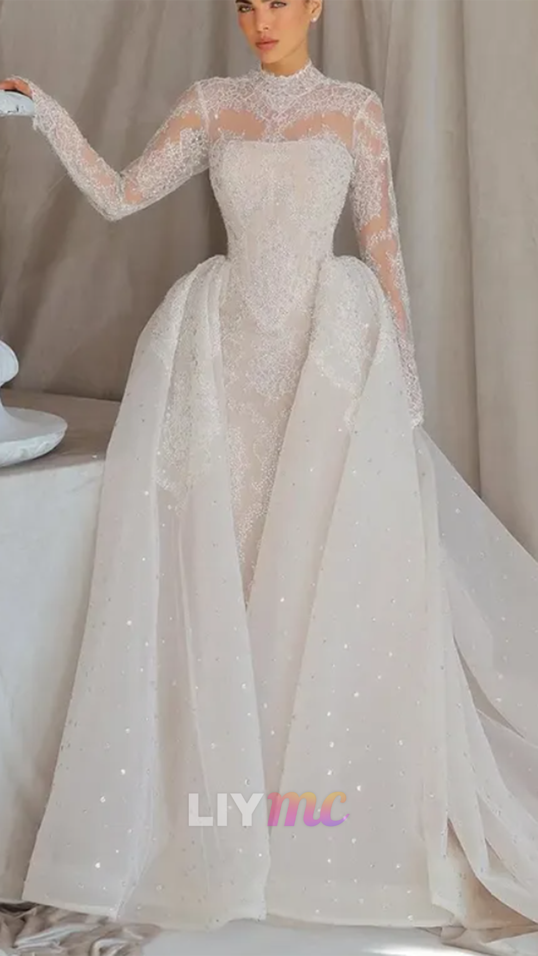 High Neck Long Sleeves Appliques Mermaid Wedding Dress