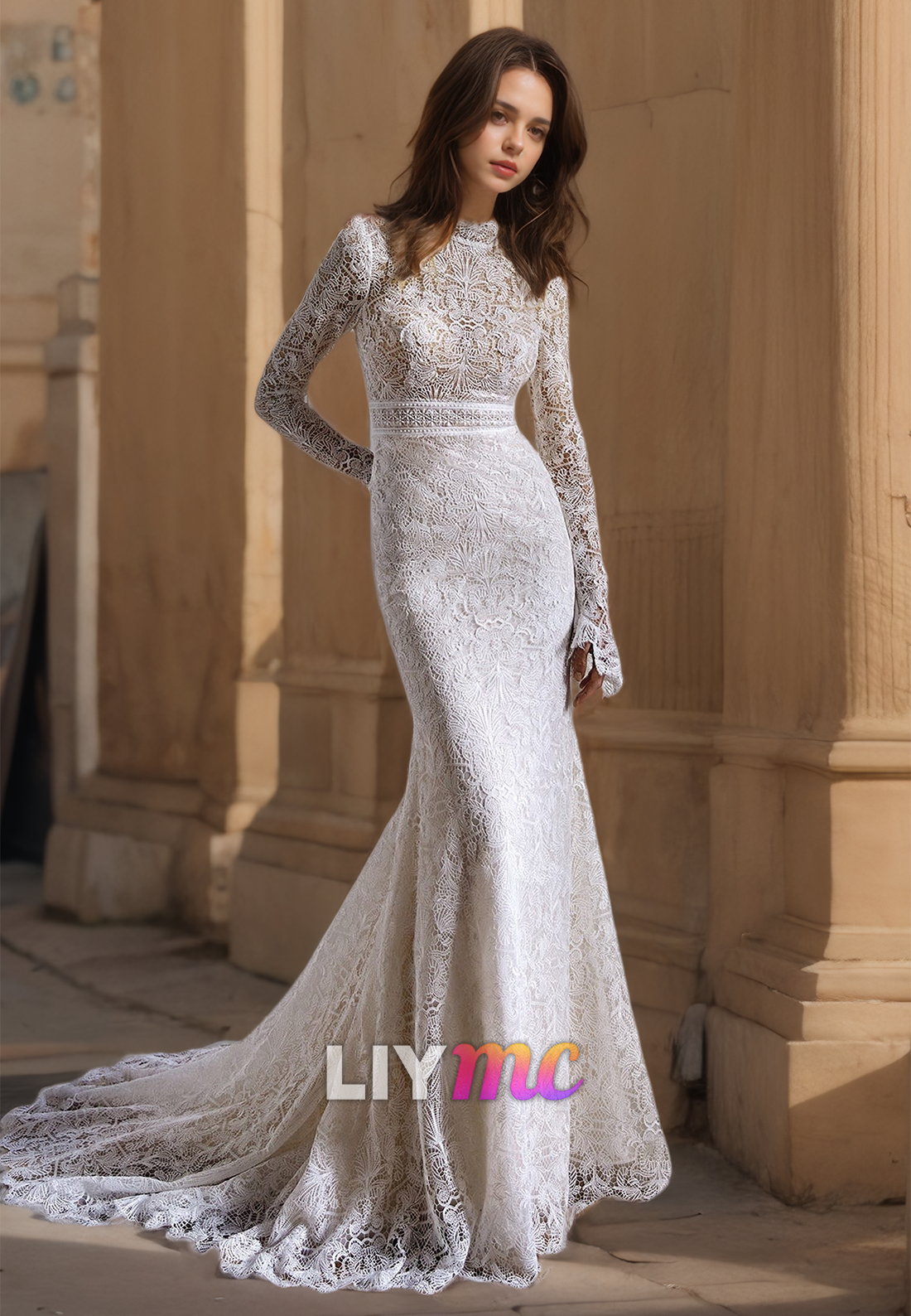 High Neck Long Sleeves Appliques Mermaid Wedding Dress