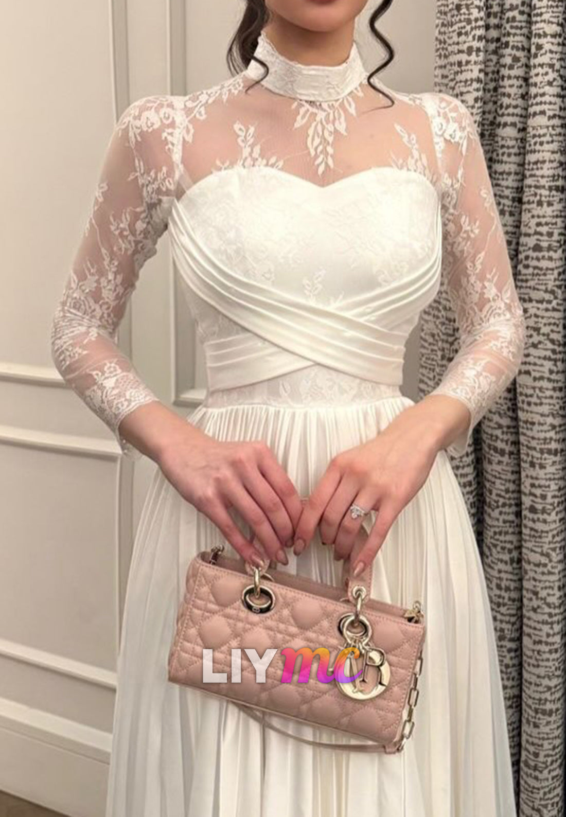 High Neck Long Sleeves Appliques Pleated A-Line Wedding Dress