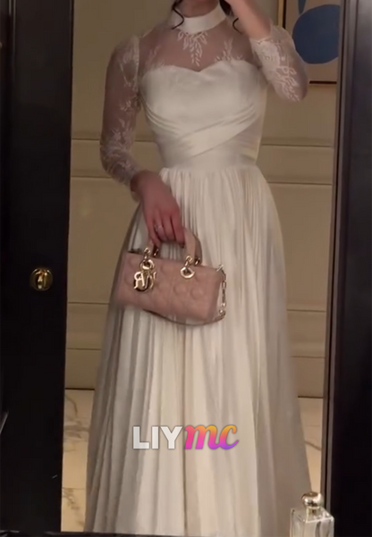 High Neck Long Sleeves Appliques Pleated A-Line Wedding Dress
